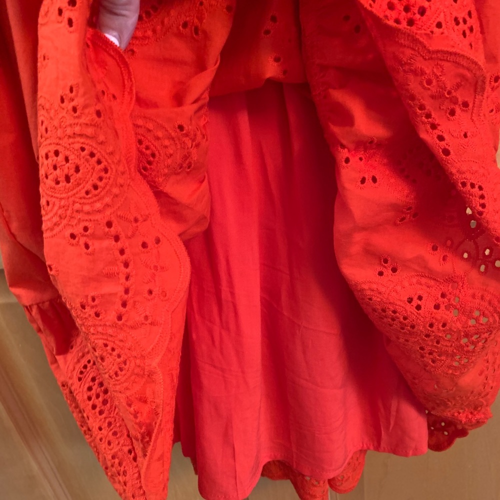 (K228) NWOT Knox Rose 3/4 Sleeve Red-Orange Sz XS Eyelet Dress Scalloped Hemline - Picture 8 of 12